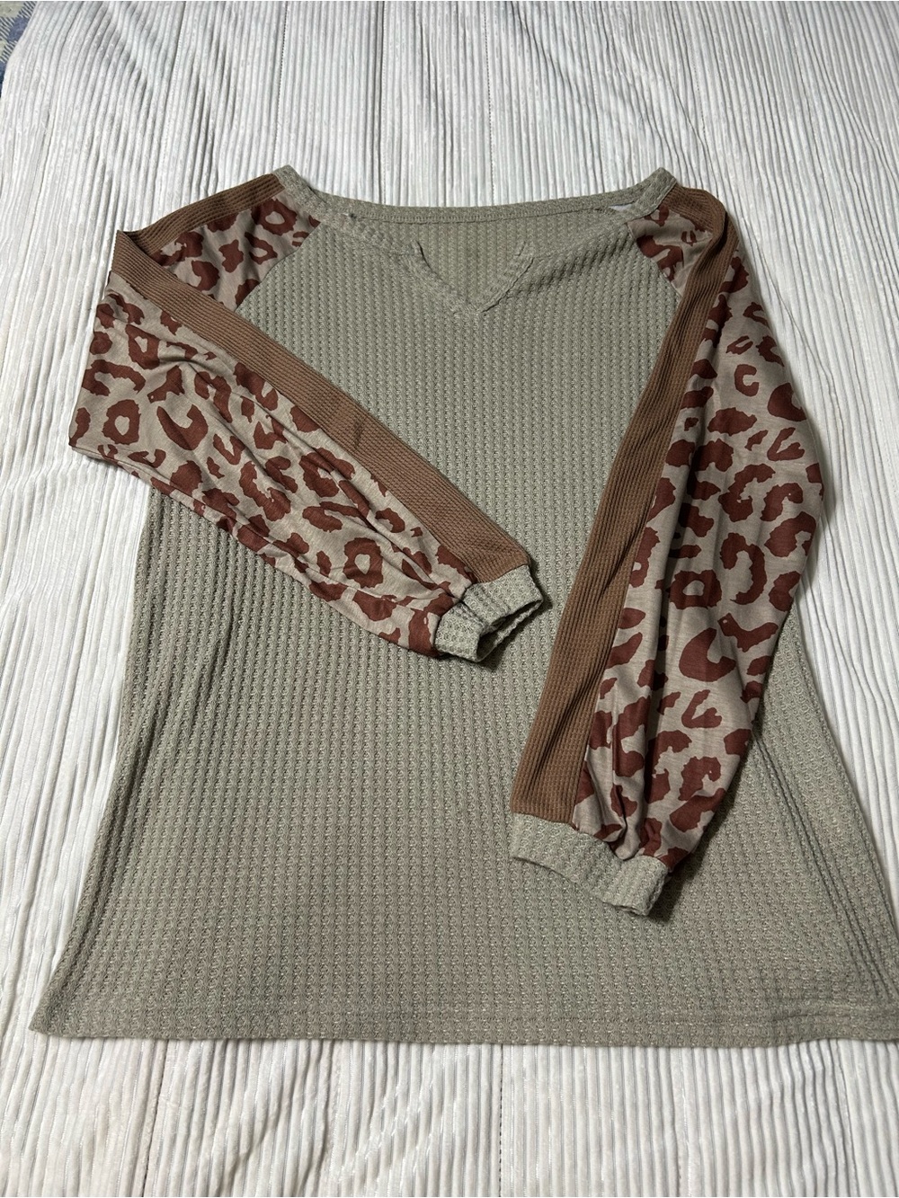 Long Sleeve Waffle Knit Top with Brown Leopard-Print Sleeves